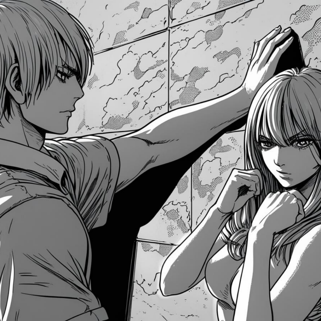 manga style kabedon hand on the wall pose