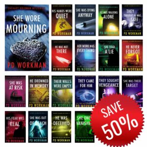 grid showing first 19 books in the Zachary Goldman PI Mysteries Series by P.D. Workman