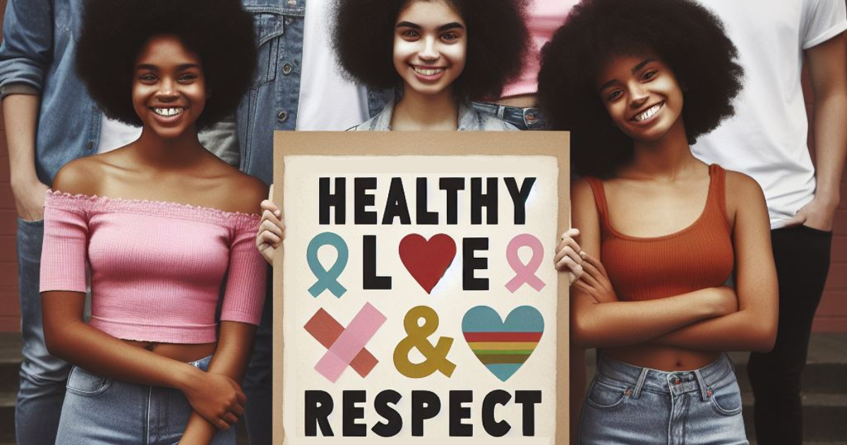 Smiling women with sign "Healthy Love and Respect"
