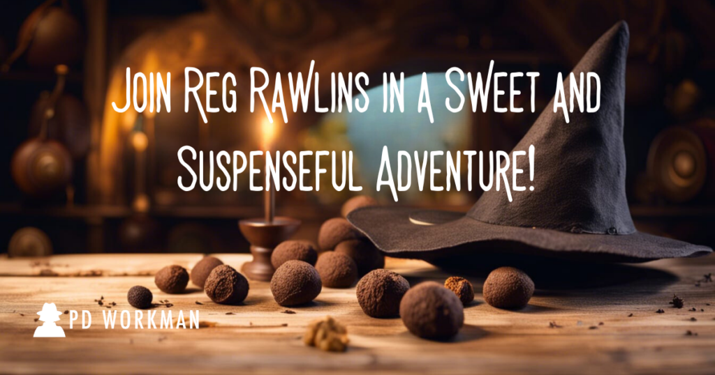 Join Reg Rawlins in a sweet and Suspenseful Adventure, witch's hat and truffles in background