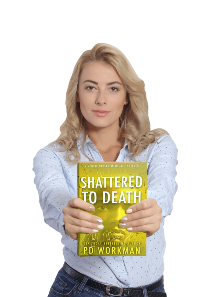 woman holding the book Shattered to Death