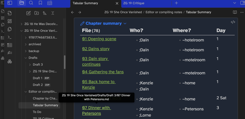 Tabular columns showing scene info in Obsidian