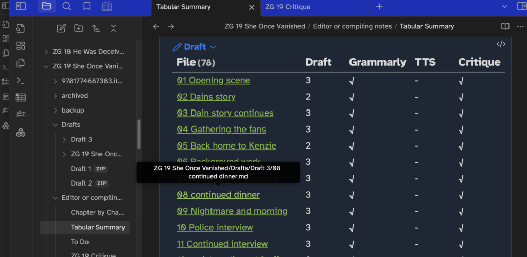 Version control tabular columns dataview query in Obsidian