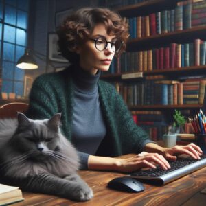 writer at keyboard in book-lined office with cat on desk