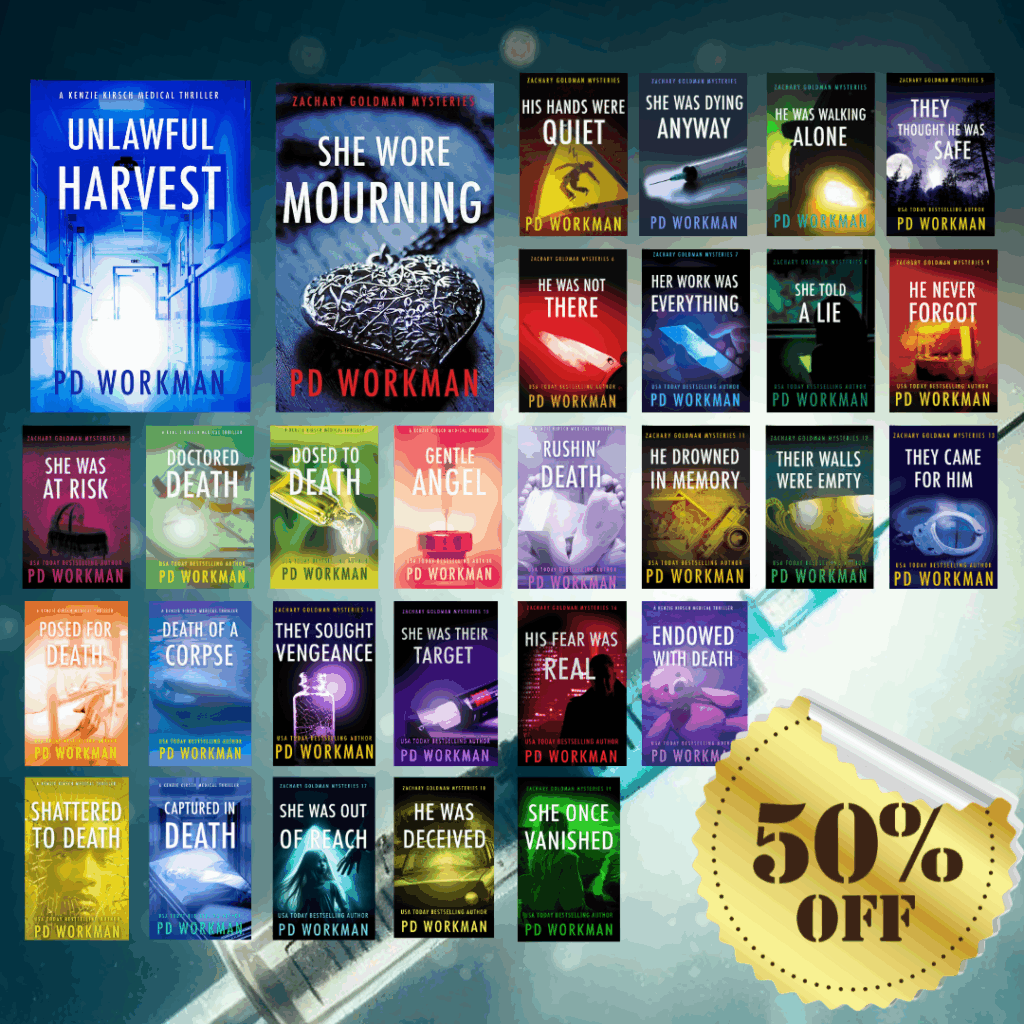 Unlawful Harvest, She Wore Mourning, and other books from the Zachary Goldman Mysteries private investigator series and Kenzie Kirsch medical thriller series