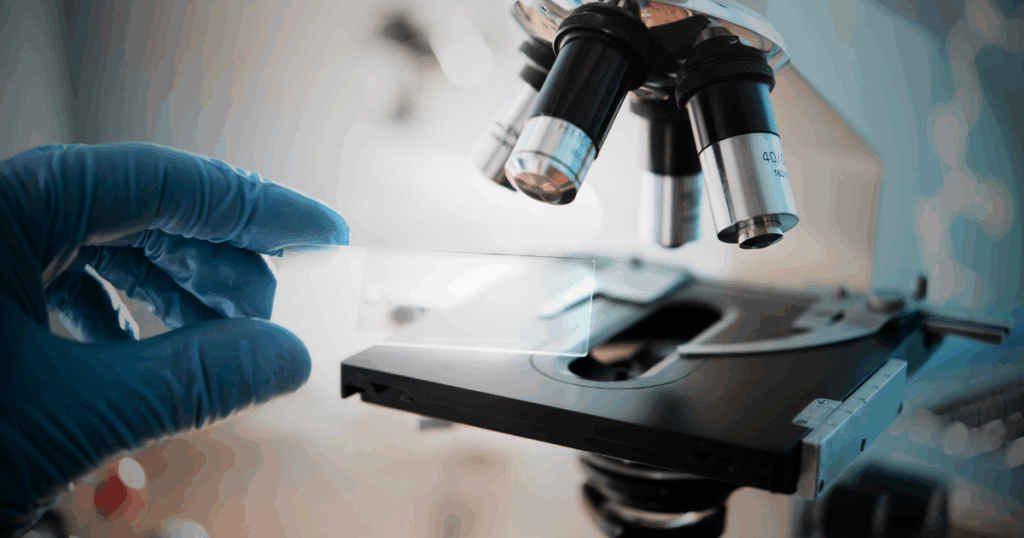 gloved hand handling microscope slide – from Kenzie Kirsch thriller