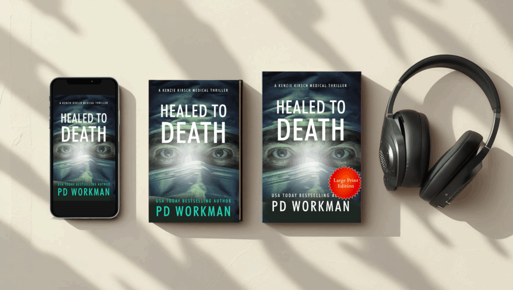 Healed to Death, a Kenzie Kirsch Medical Thriller available in digital, softcover, hardcover, large print, and computer-read audiobook