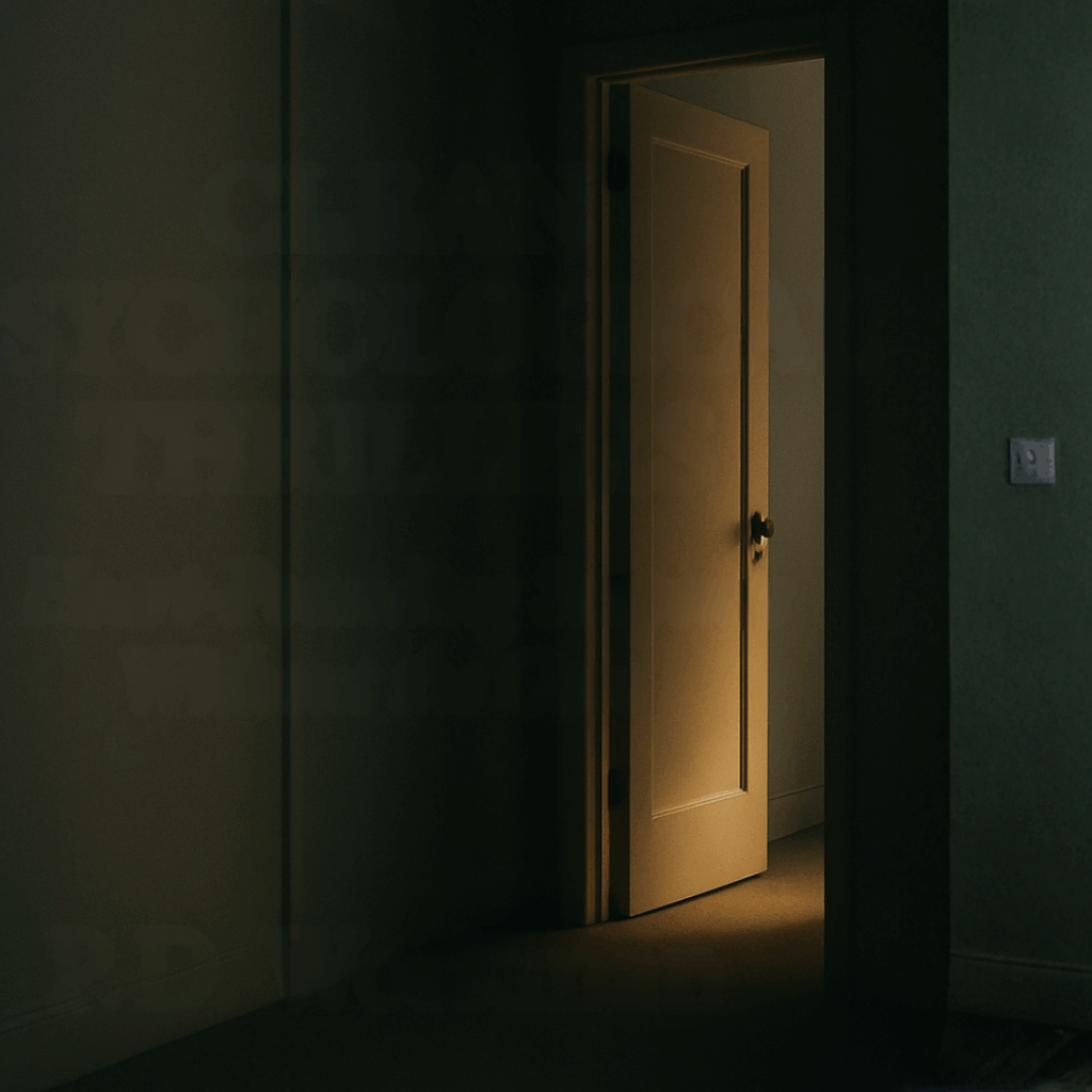 empty hallway and slightly open door symbolizing clean psychological thriller