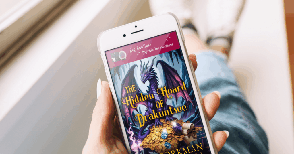 hand holding The Hidden Hoard of Drakuntsee, a paranormal cozy mystery and adventure by P.D. Workman