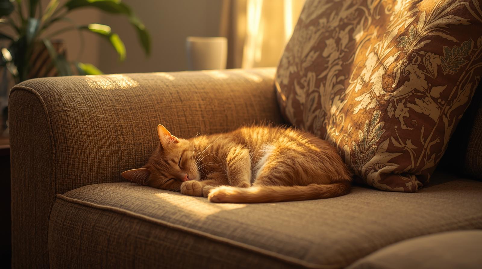 Animal Companions - an orange cat curled up on a couch