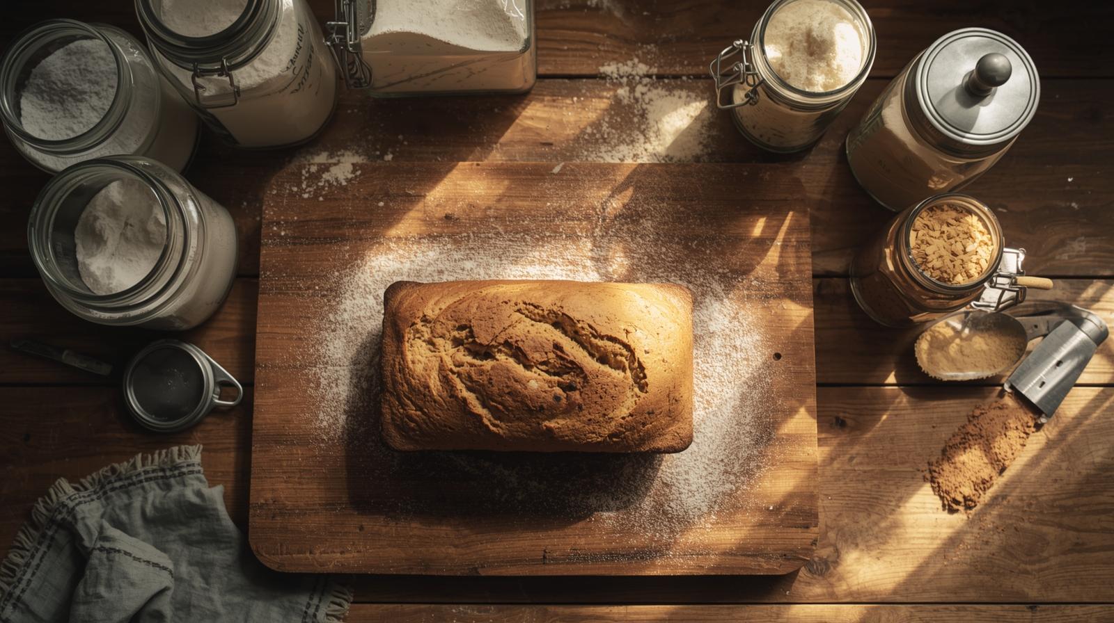 Rustic gluten-free loaf and baking jars — bakery mystery