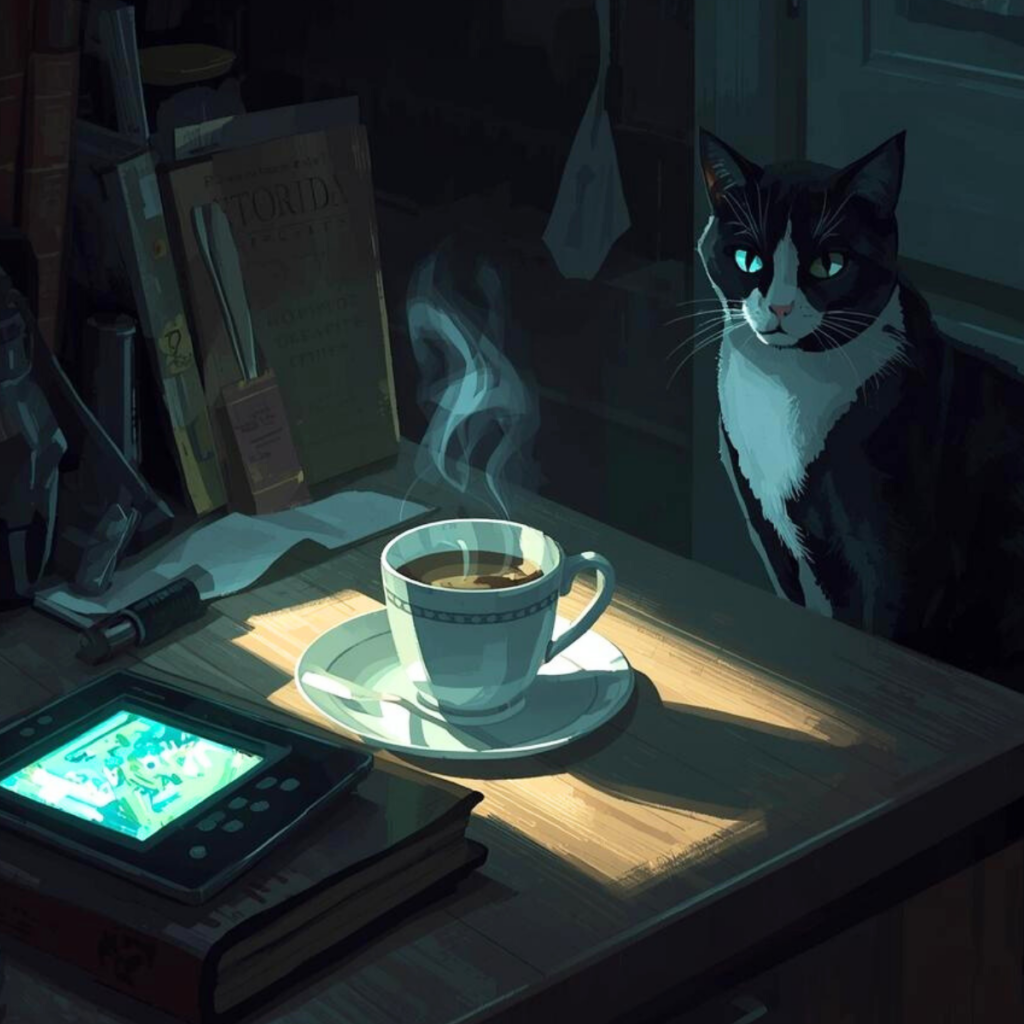 Scene | pdworkman.com starlight cat sitting at counter with steaming coffee cup