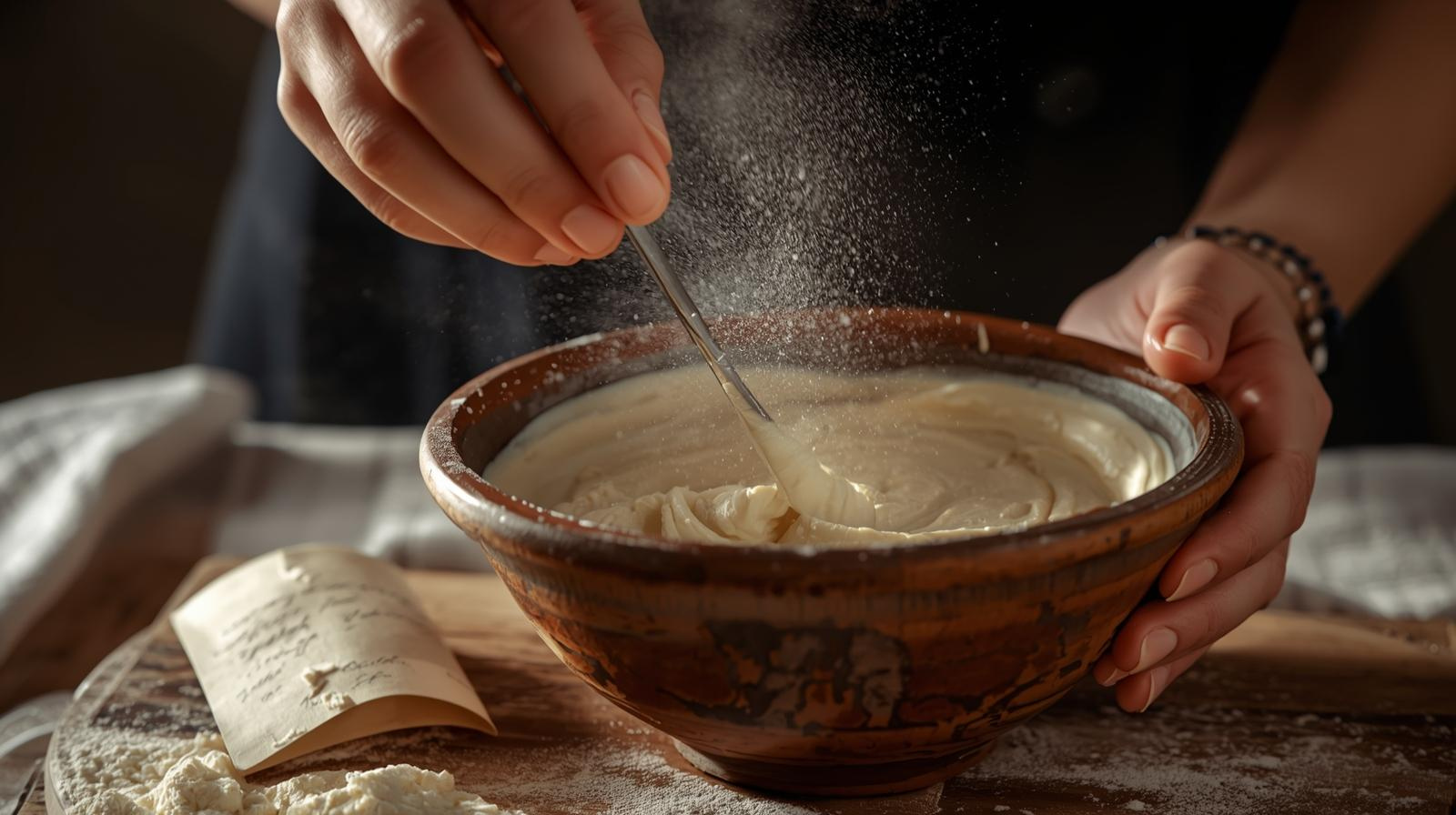 The Secret Ingredient of Auntie Clem's Bakery - a hand stirring batter in a rustic bowl
