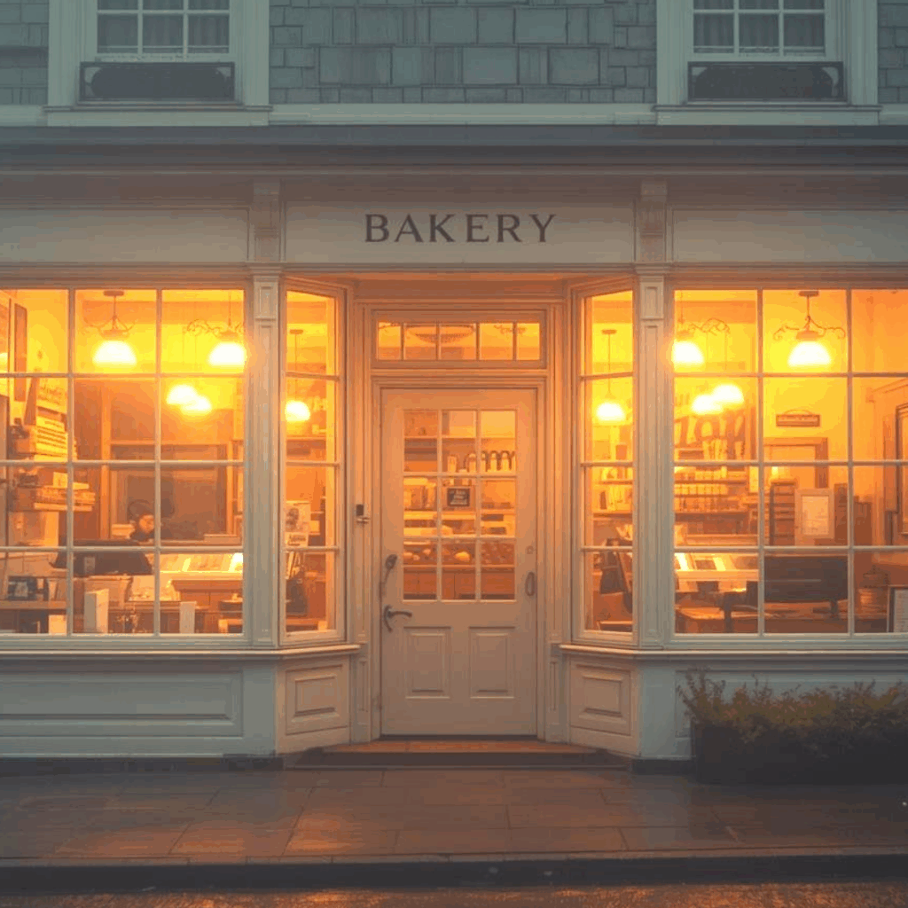 a brightly lit small town bakery in the early morning light