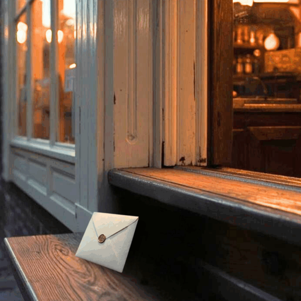 Small-town bakery at dusk with a mysterious envelope on the step — inheritance and tension imagery