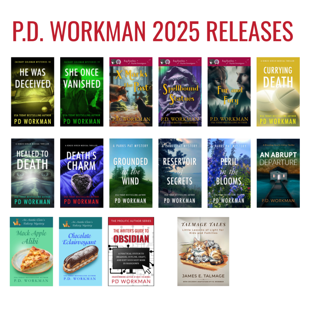 grid of covers showing p.d. workman 2025 releases
