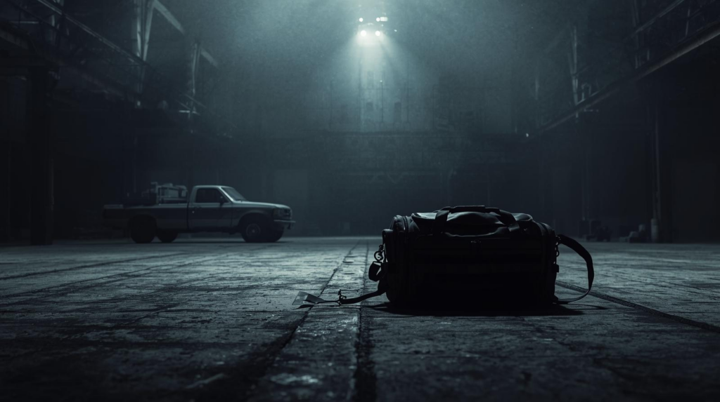 a black duffel bag sits alone in a an empty warehouse