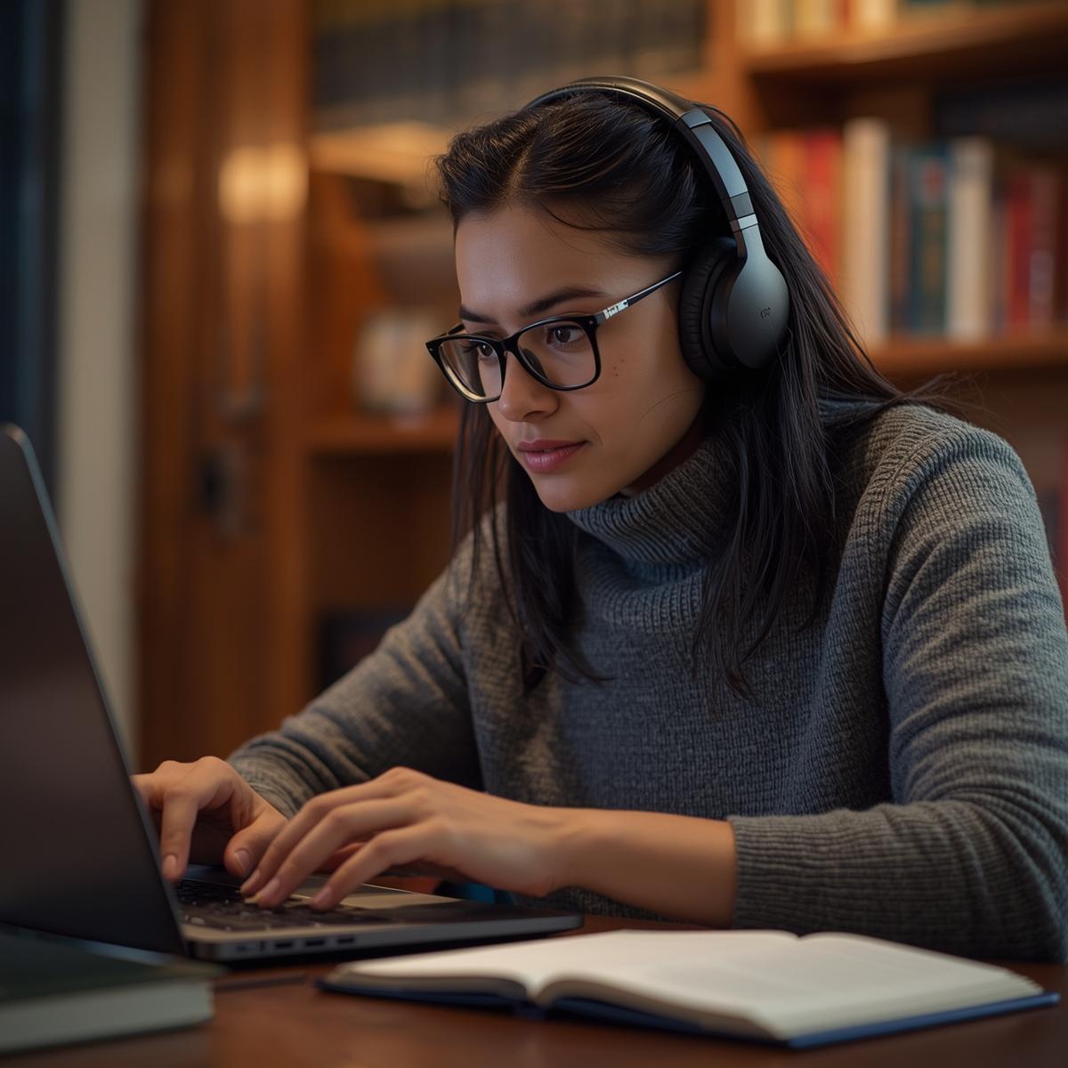 woman with headphones writing at computer