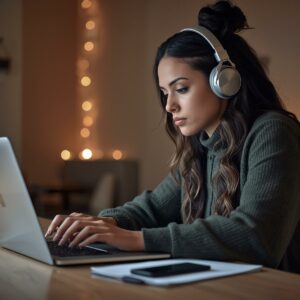 author working at computer listening to headphones