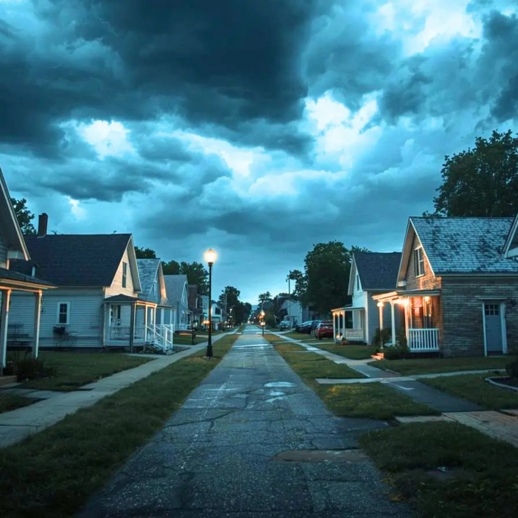 Residential street at dusk with stormy, blue clouds and lit street lamps along houses on both sides.
