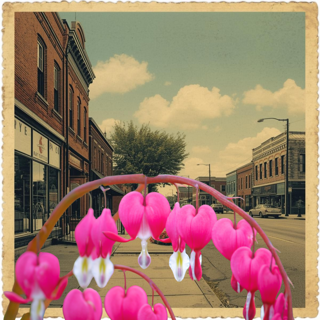 Vintage street scene with brick storefronts and a tree, overlaid by large pink bleeding-heart flowers in the foreground.