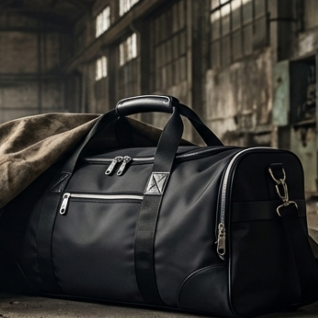Black duffel bag with handles and silver zippers resting on a concrete floor in an industrial warehouse setting.