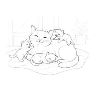 pencil sketch mother cat with kittens