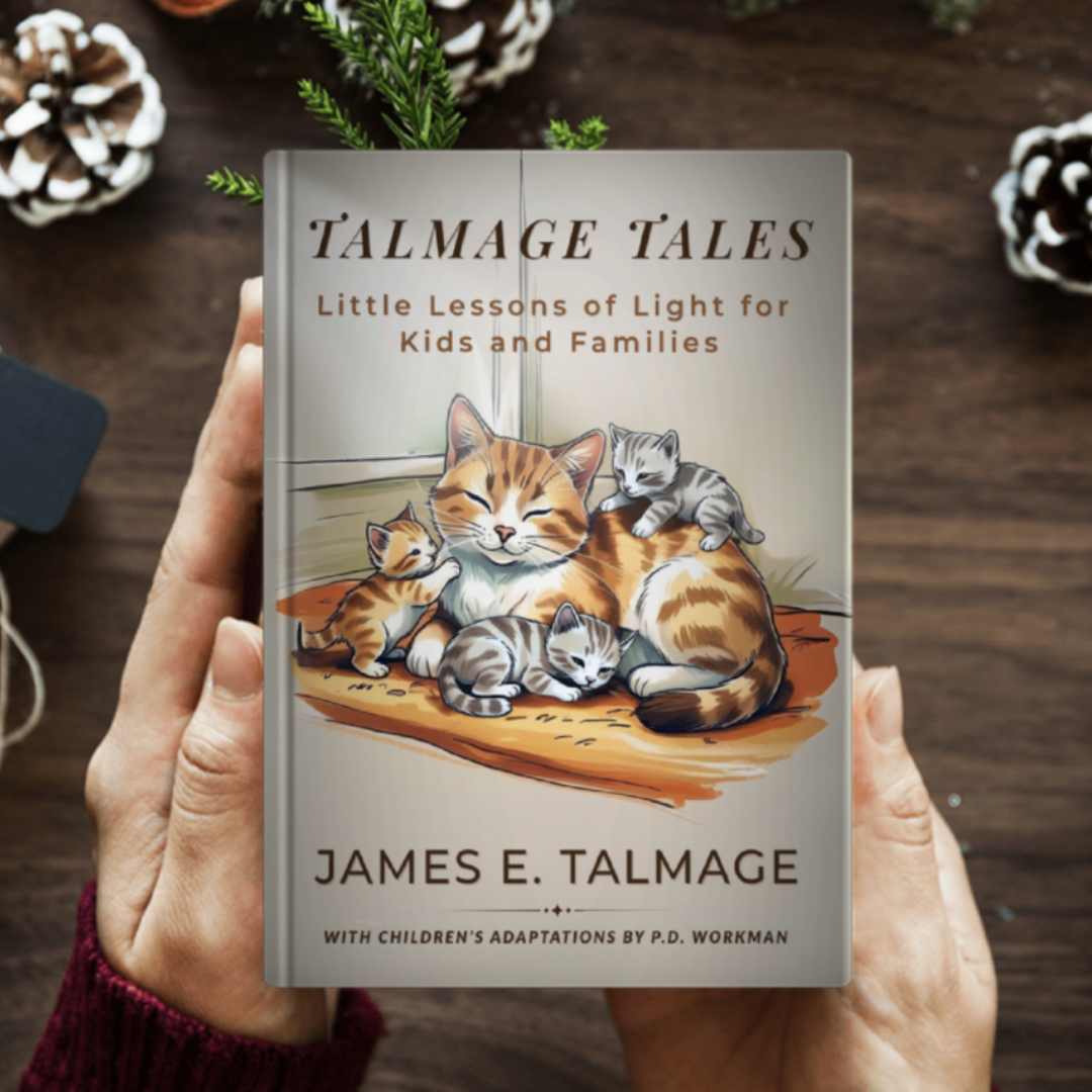 Talmage Tales in hand at Christmas Table