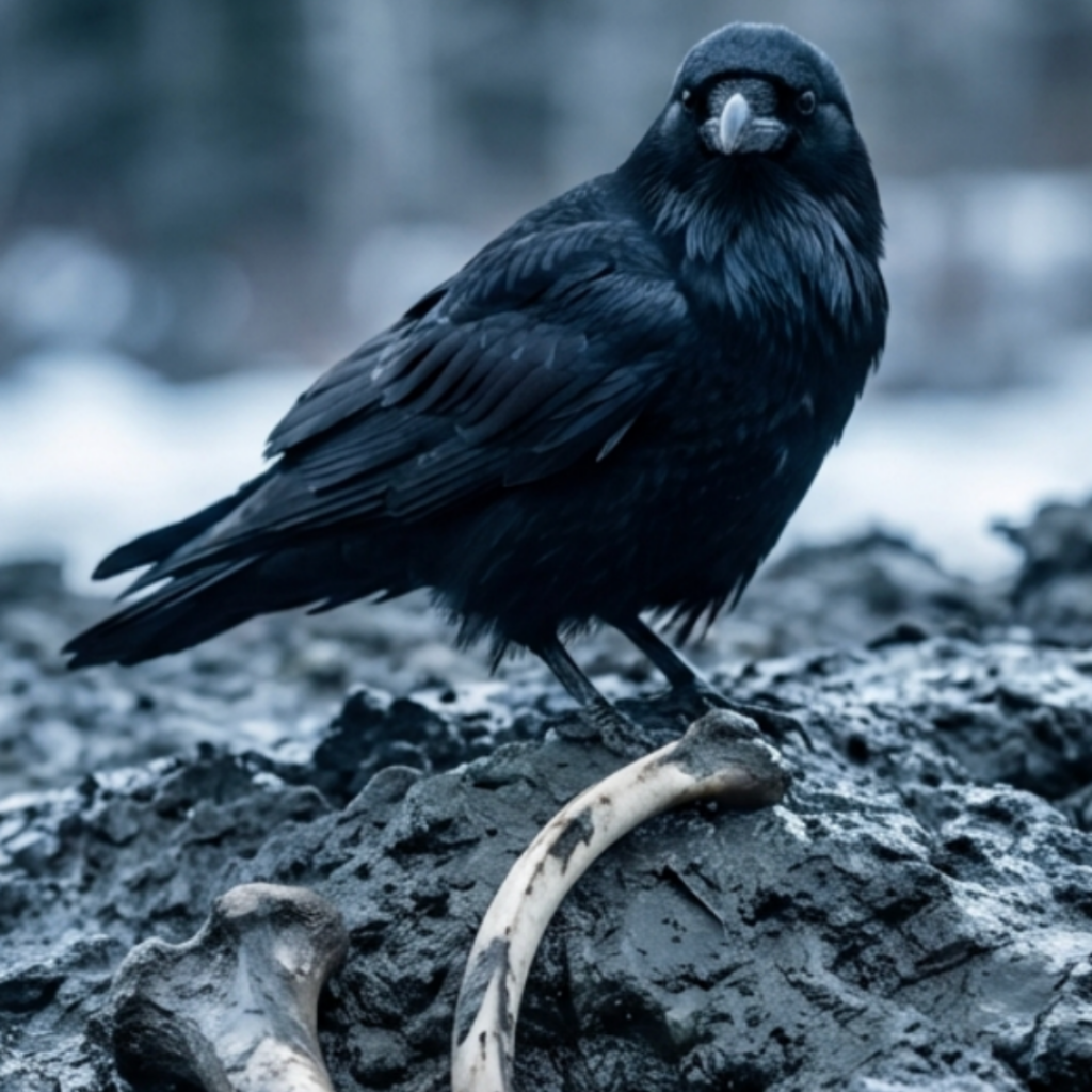 raven with a bone in the mud