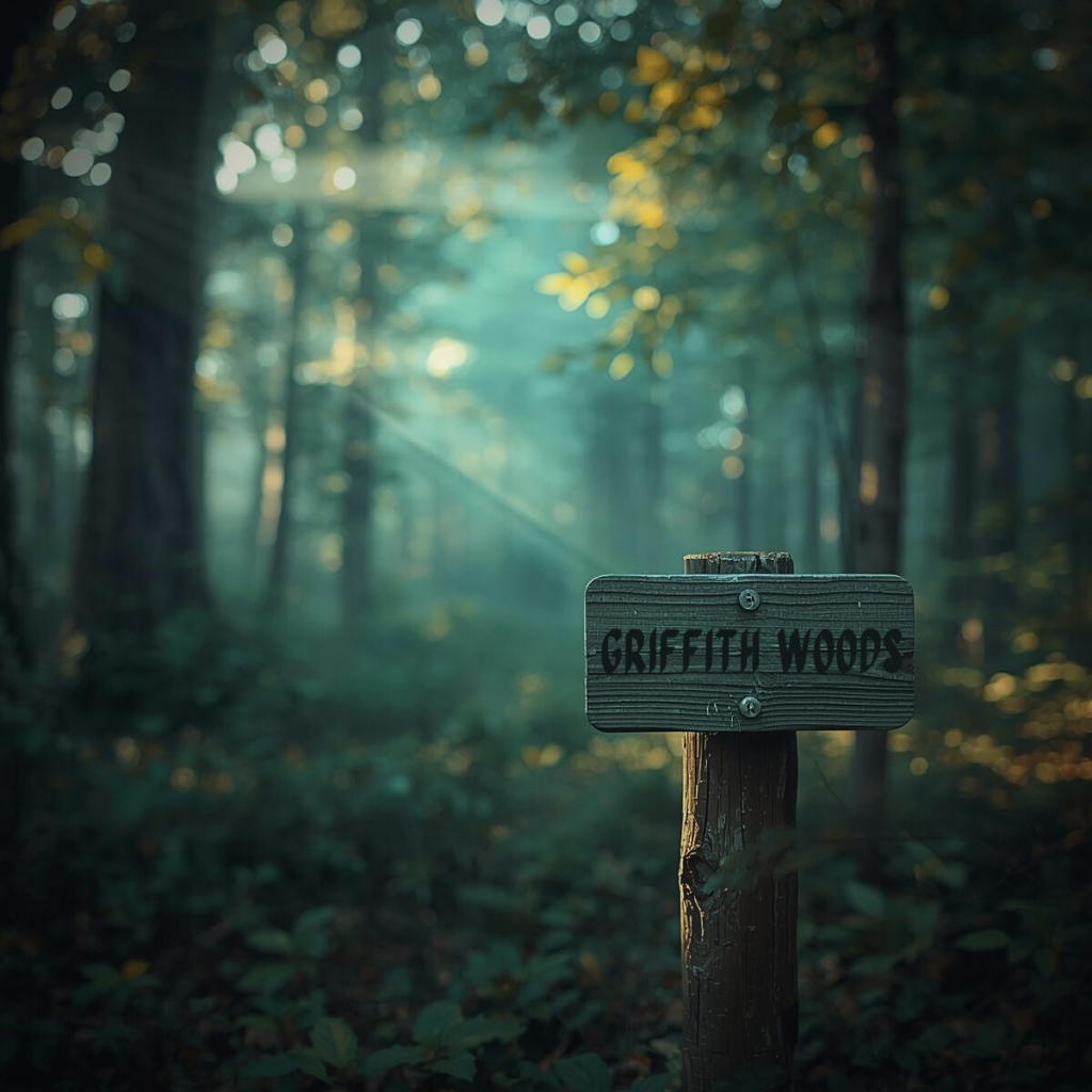 Griffith Woods sign in the trees