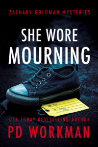 She Wore Mourning cover a Zachary Goldman Private Investigator Mystery with a child's discarded shoe 