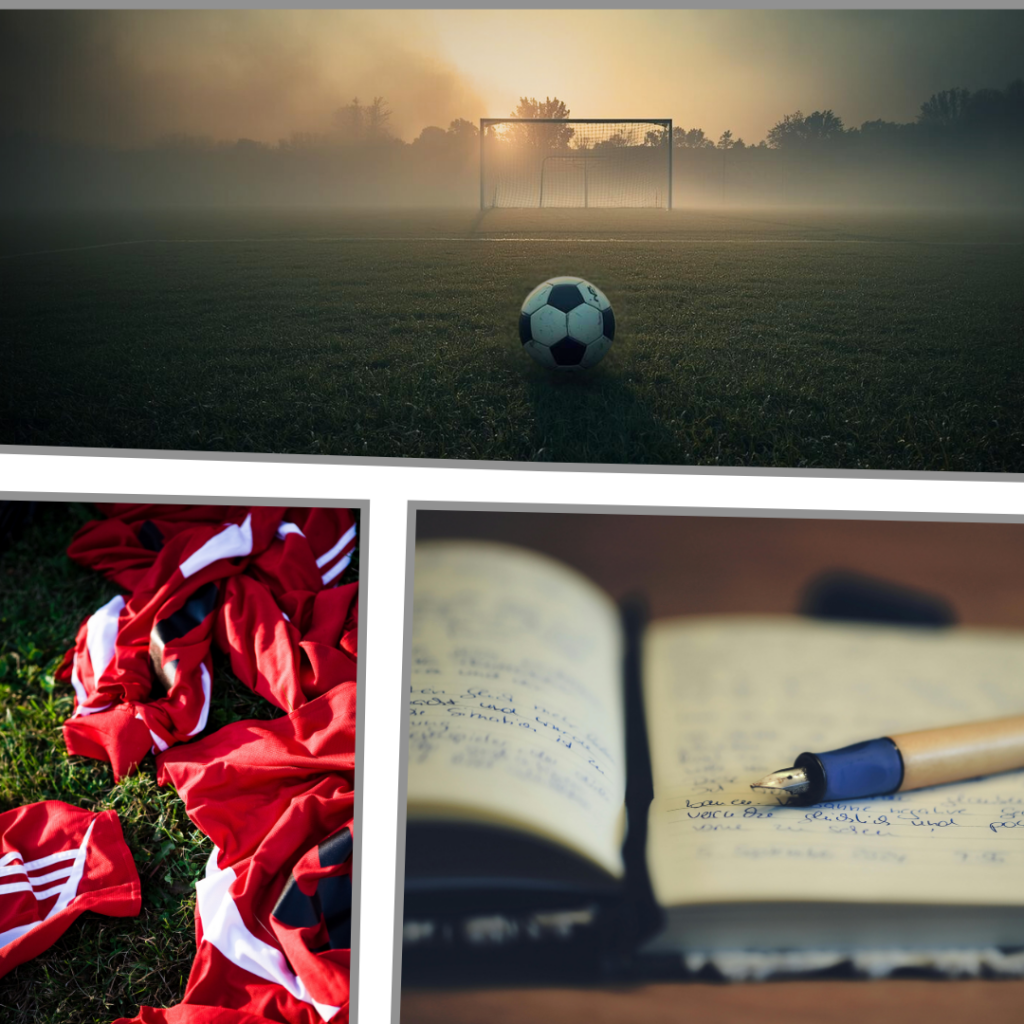 collage silence turf | pdworkman.com mosaic of soccer ball on the field, red and white soccer kit, and a journal