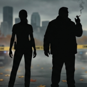 silhouettes of margie and gagnon in front of Calgary skyline
