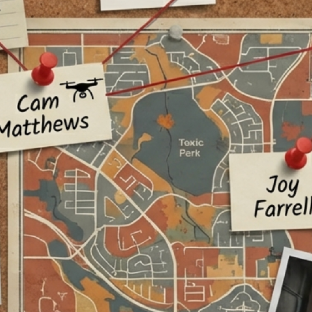 Murder board with map and names of Cam Matthews and Joy Farrell