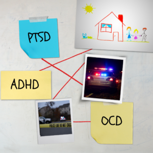 detective board with red strings between notes that say PTSD, ADHD, OCD, crime scene photos, and a child's crayon drawing