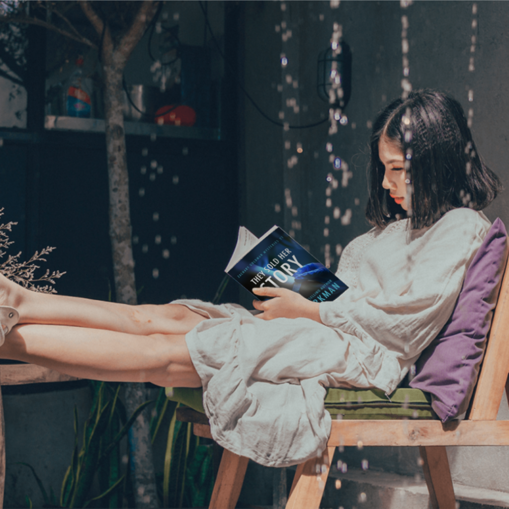 woman immersed in reading They Sold Her Story, a Zachary Goldman standalone mystery