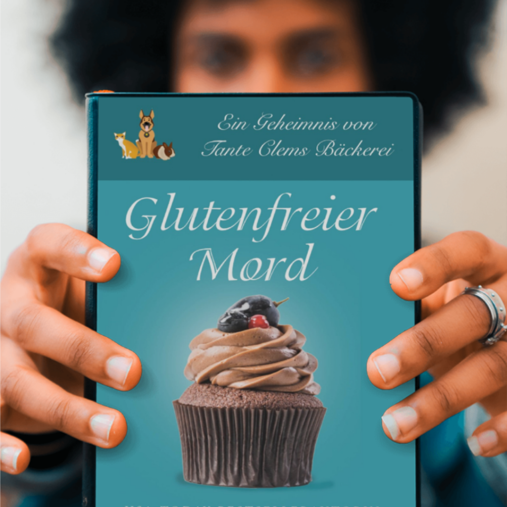 Close-up of a person’s hands holding a teal book cover with a cupcake image and the title 'Glutenfreier Mord'.