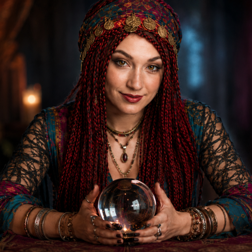 Woman with red braided hair and a jeweled headpiece gazing at the camera while holding a crystal ball; fortune-teller vibe with ornate jewelry in a dimly lit setting.