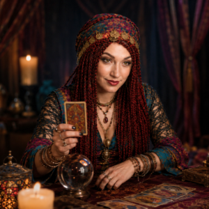 Fortune teller in colorful robes with braided red hair holds a tarot card, seated at a table with a crystal ball and lit candle.
