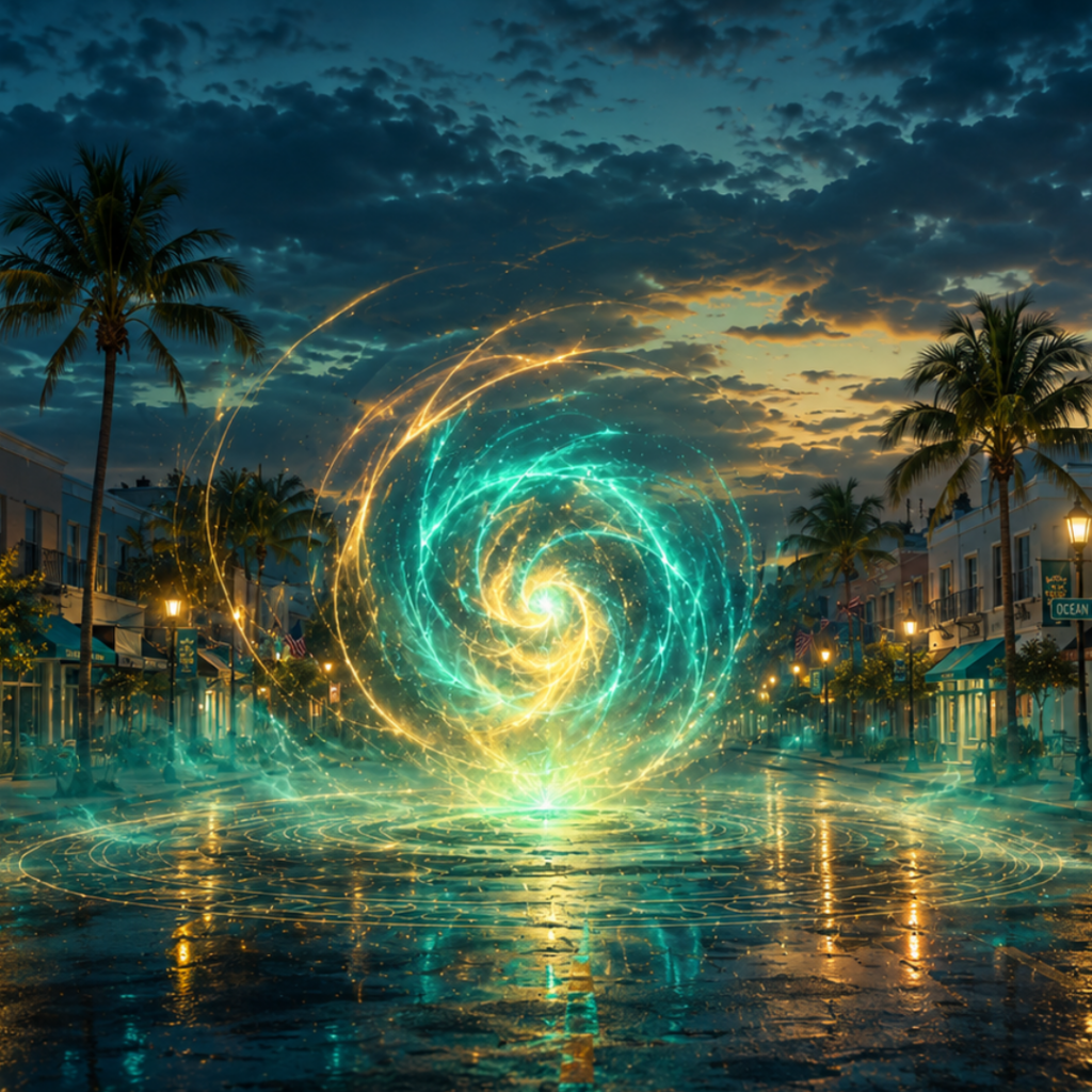 A glowing teal and gold magical vortex spirals above a wet street at dusk, lighting palm-lined storefronts.