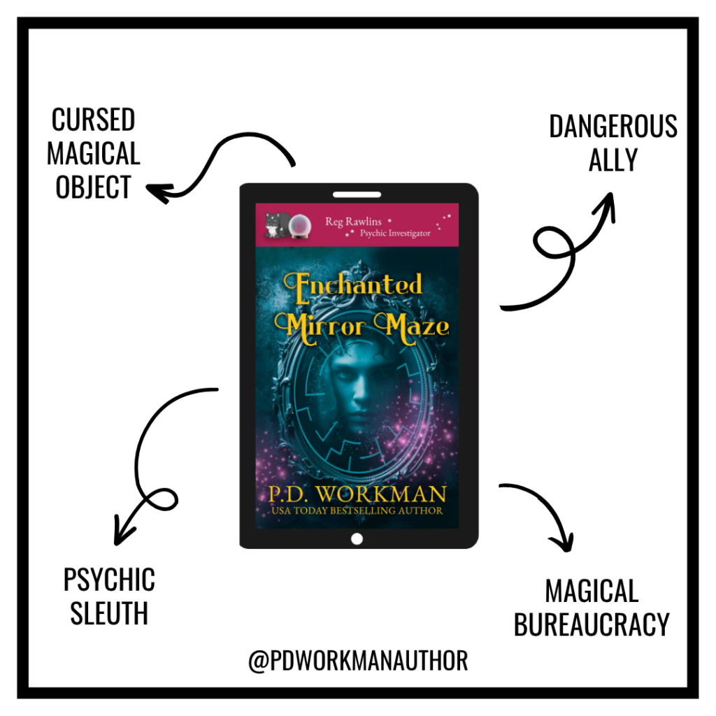 Enchanted Mirror Maze paranormal cozy mystery tropes including cursed magical object and psychic sleuth