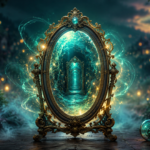 Ornate gilded mirror revealing a glowing teal tunnel of light that leads inward, surrounded by magical sparks.