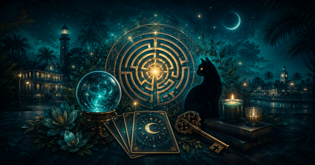 Black cat beside a glowing golden maze at night, with a crystal ball, tarot cards, and lit candles by old books.