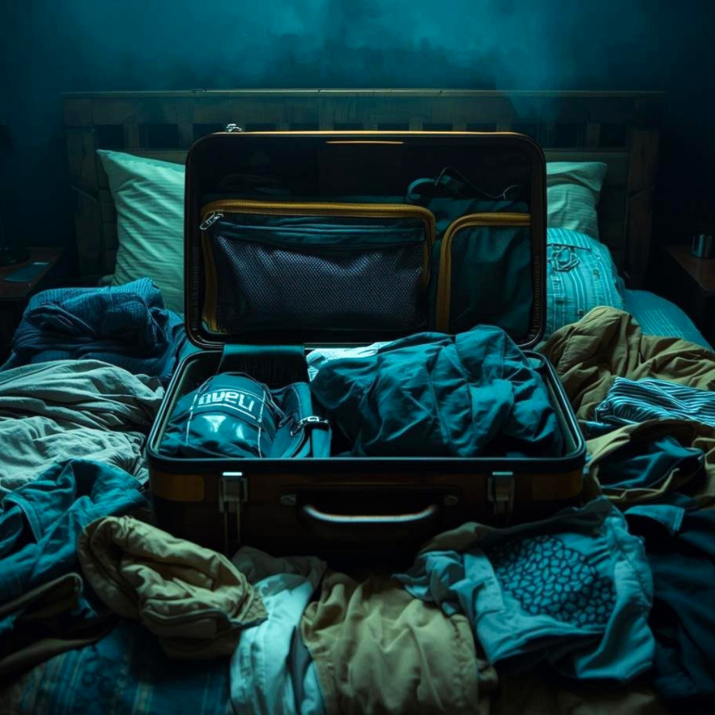 Open luggage being packed in a hurry late at night