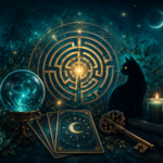 Mysterious fortune-telling scene with a glowing golden labyrinth, a black cat, crystal ball, moonlit tarot cards, and an ornate key beside a candle.