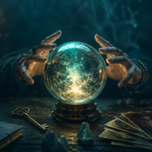 Hands cradle a glowing crystal ball on an ornate stand, with tarot cards and crystals on a wooden table.