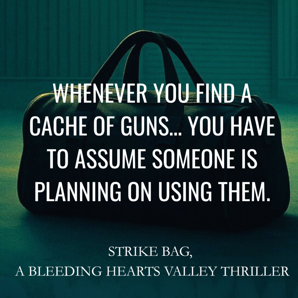 Book cover: a dark handbag against a teal background with a large white quote about guns, titled 'Strike Bag, A Bleeding Hearts Valley Thriller'