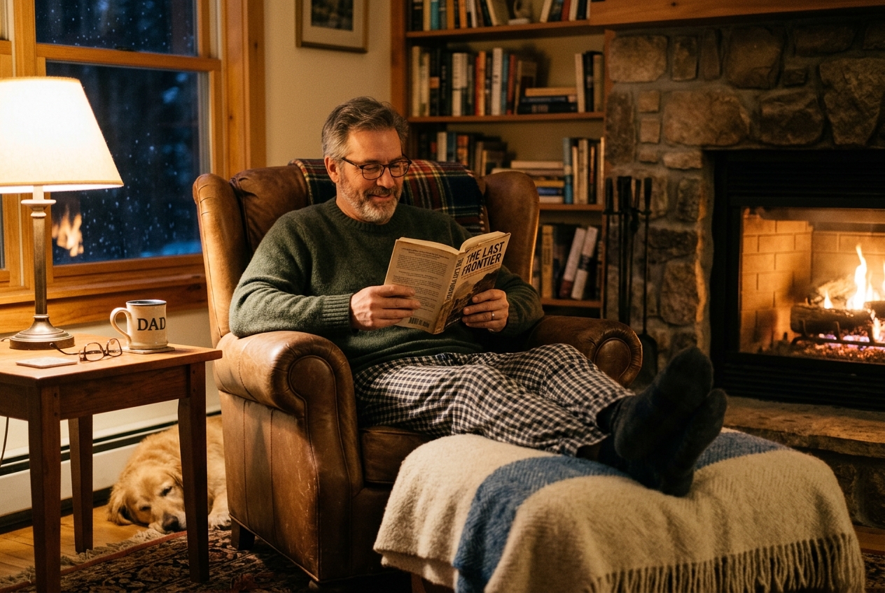 Father in a comfy chair reading a book