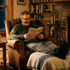 dad reading in comfy chair