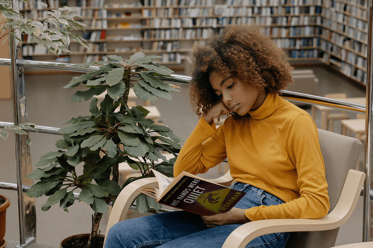 Woman reading His Hands Were Quiet
